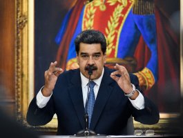 CARACAS, VENEZUELA - JUNE 27: Nicolas Maduro President of Venezuela gestures as he speaks during the Simon Bolivar Journalism National Award ceremony at Palacio de Miraflores on June 27, 2019 in Caracas, Venezuela. (Photo by Matias Delacroix/Getty Images)